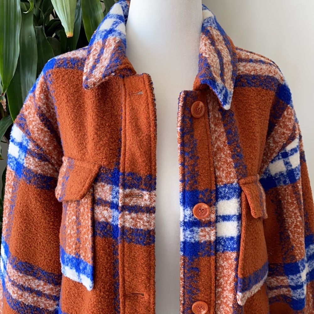 Plaid Wool-Blend Jacket in Orange and Blue